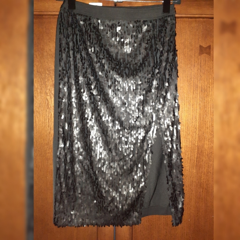 J.O.A. "Rebecca" Sequin Slit Skirt - Black - Picture 7 of 9
